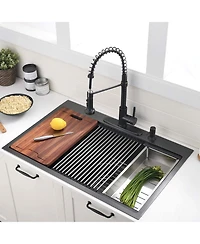 flynama 36x22inch Gunmetal Black Workstation Kitchen Sink 16 Gauge Stainless Steel with Accessories