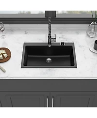 flynama Black Granite Composite Drop In Kitchen Sink with Complete Accessories