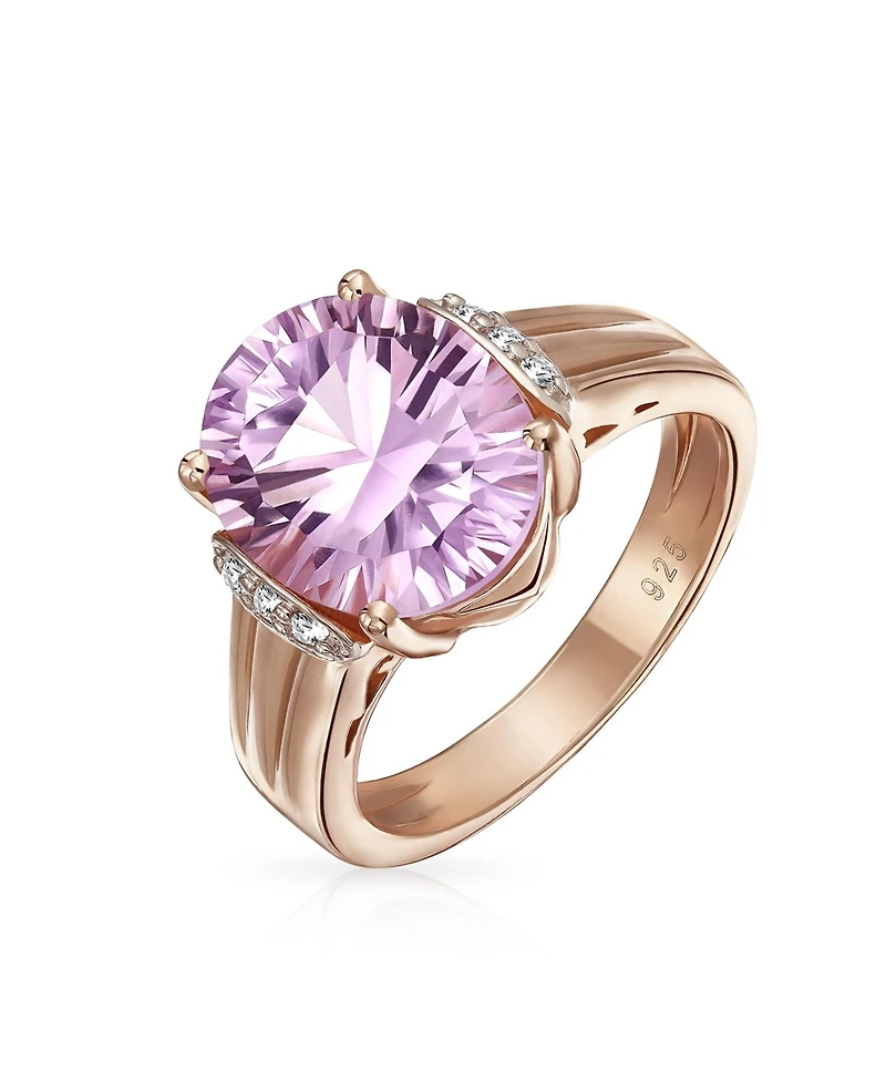 Bling Jewelry Traditional Oval 4CT Pink Amethyst Statement Ring Zircon Accent Rose Gold Vermeil