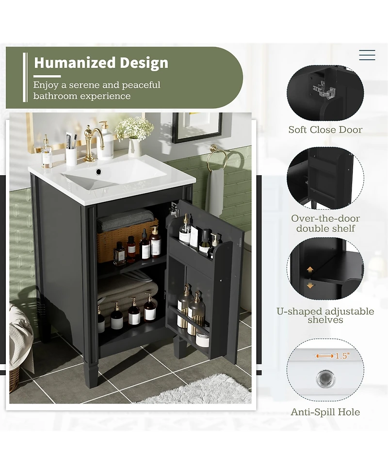 Cesicia 20 in. Modern Freestanding Bathroom Vanity with Ceramic Sink, Soft Close Door, Adjustable U-Shaped Shelf, Door Storage Rack