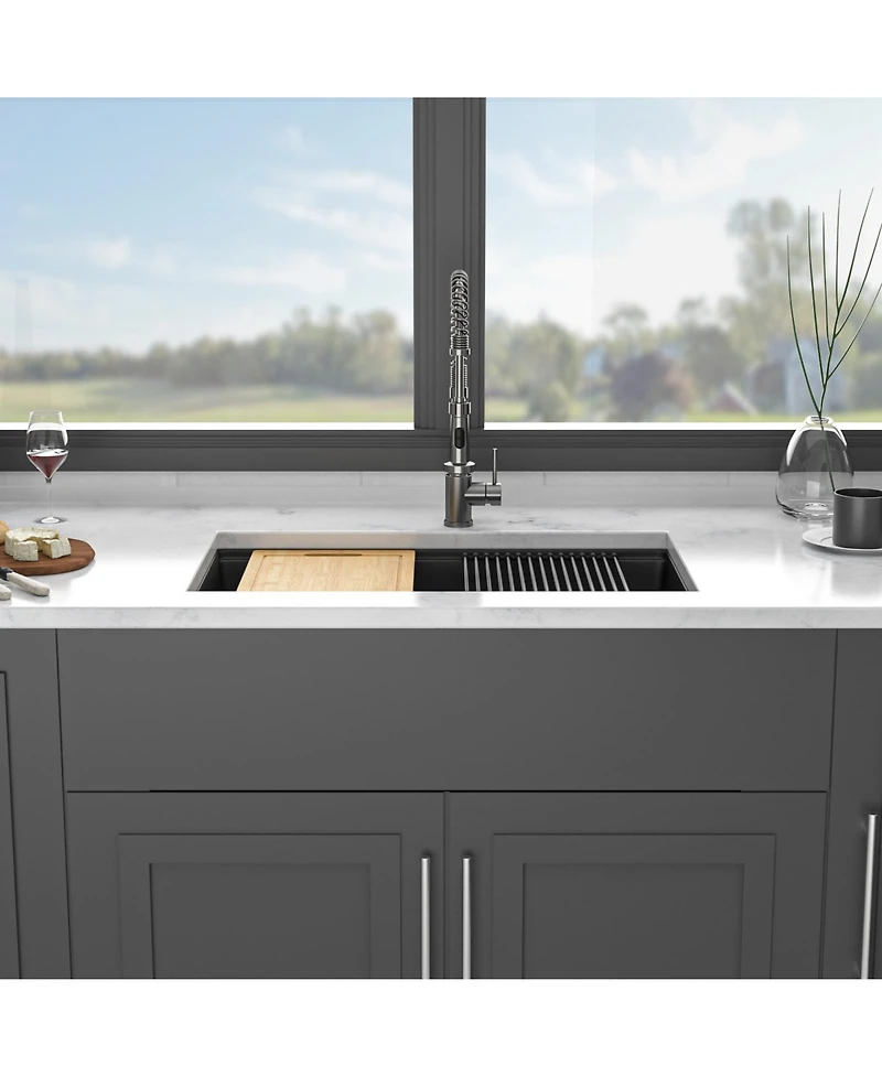 flynama 32x19x9.65inch Black Quartz Composite Undermount Kitchen Sink Workstation Granite Deep