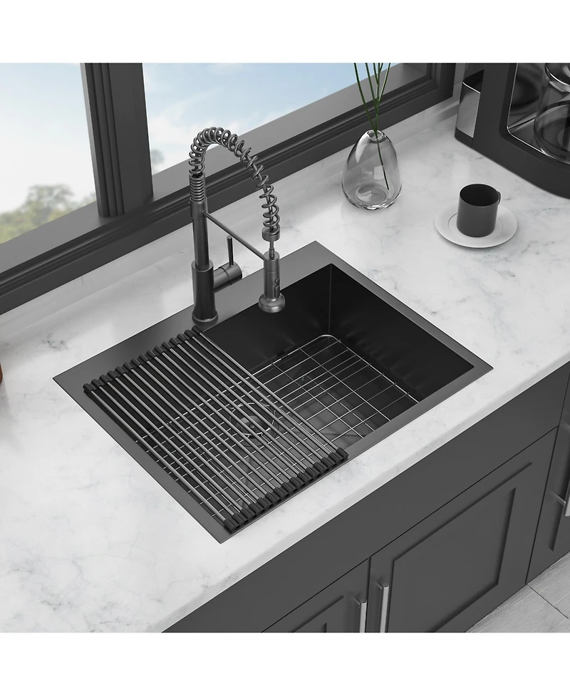 flynama 25x22x9inch Gunmetal Black Kitchen Sink Drop In Stainless Steel 16 Gauge Topmount