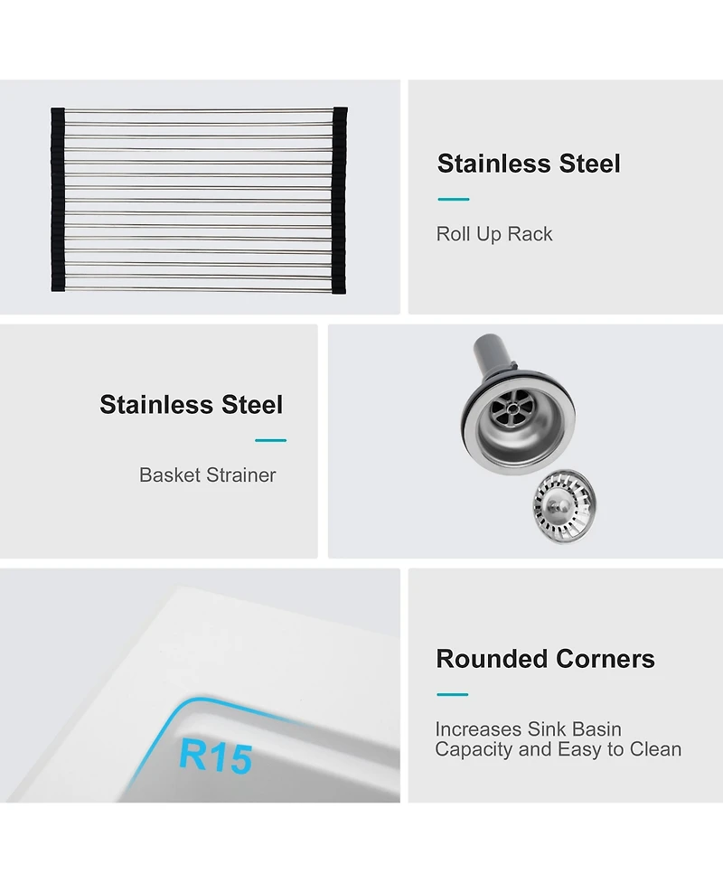 flynama 30x22x10inch White Quartz Composite Drop in Kitchen Sink Workstation Granite Deep