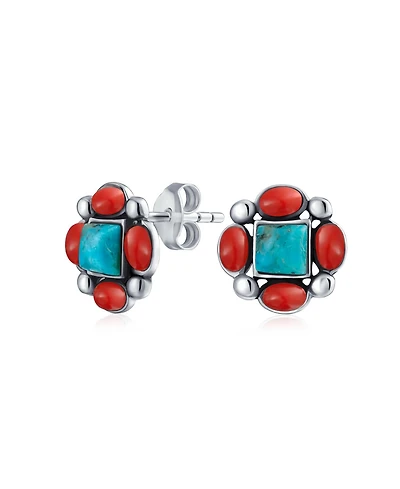 Bling Jewelry Western Native-American Style Turquoise & Red Stud Earrings .925 Sterling Silver