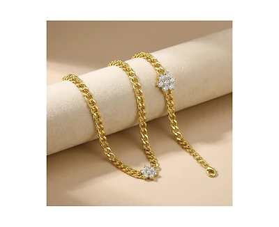 Rachel Glauber 14k Gold Plated Chain Jewelry Set with Cubic Zirconia Flower Accent