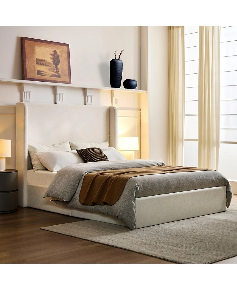 Boyel Living Carmen Upholstered Wingback Bed Frame with 54" Headboard, Textured Ivory Chenille