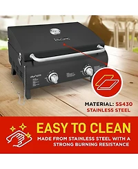 Lifemaster Portable 2-Burner Propane Gas Grill, Stainless Steel Tabletop Bbq with Foldable Legs, Wind-Resistant Lid, Easy-Clean, Camping