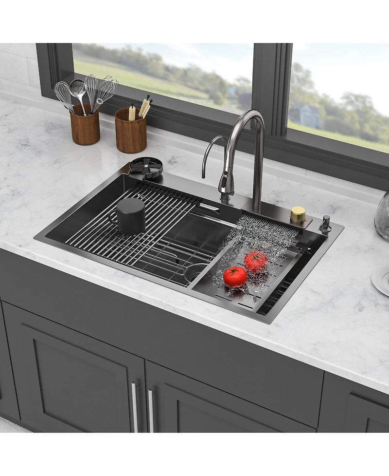 flynama 33x22x10inch Gunmetal Black Waterfall Kitchen Sink Drop In Stainless Steel Workstation