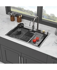 flynama 33x22x10inch Gunmetal Black Waterfall Kitchen Sink Drop In Stainless Steel Workstation