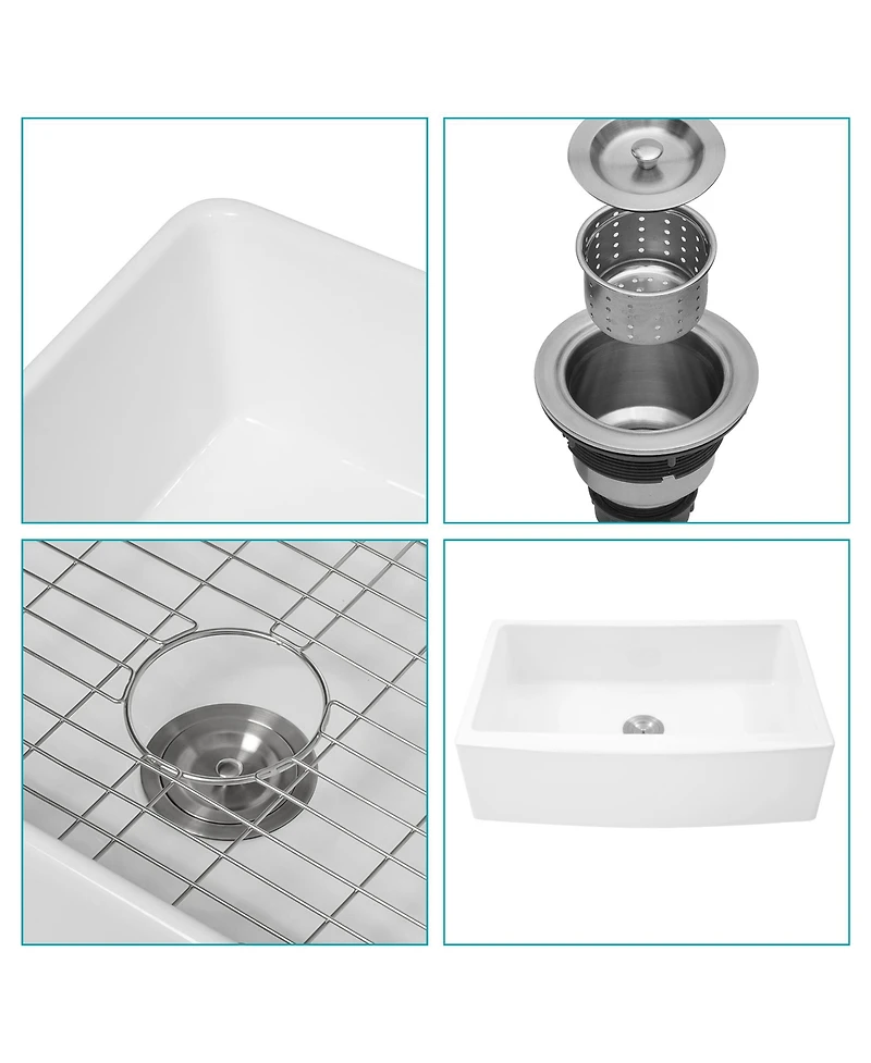 flynama 30x21x10 Inch White Farmhouse Kitchen Sink Ceramic Porcelain Arch Edge Apron Front Single Bowl With Drain Assembly Dish Grid