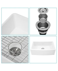 flynama 30x21x10 Inch White Farmhouse Kitchen Sink Ceramic Porcelain Arch Edge Apron Front Single Bowl With Drain Assembly Dish Grid