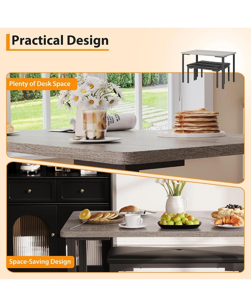 gaomon Dining Table Set for 4, 3-Piece Kitchen with 2 Upholstered Benches, Space-Saving Room Breakfast Nook and Small Spaces