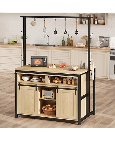 gaomon 42" Kitchen Island with Power Outlet, Rustic Wood Coffee Bar, Sliding Barn Door, 9 Hooks, Open Shelves & Mobile Storage Cabinet