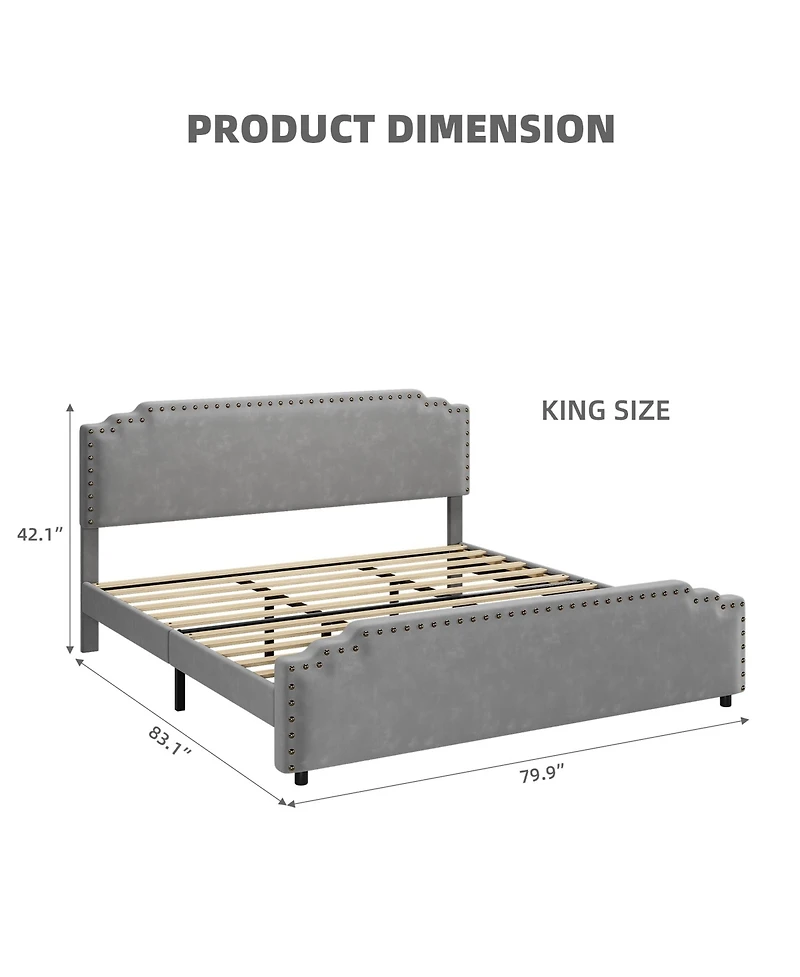 Gaomon Easy Assembly King Size Bed Frame- Velvet Upholstered Platform Bed Space Saving, for Living Room