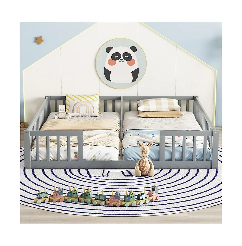 Cesicia Double Twin Floor Bed with Safety Fence Low Profile Shared Sleeping for Kids No Door Design