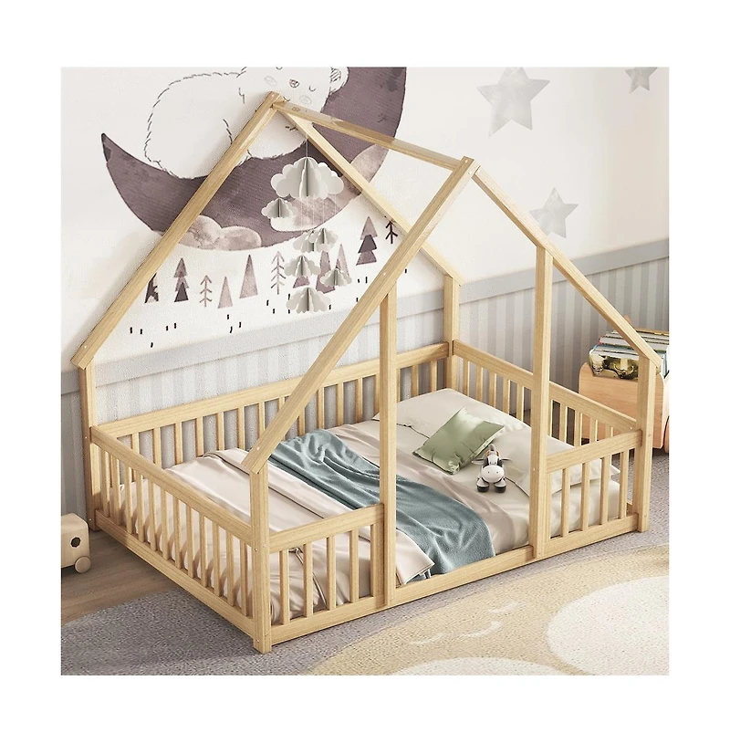 Cesicia Full Wood House Floor Bed with Safety Fence & Roof Frame Play for Kids and Teens