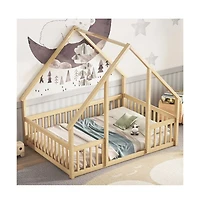 Cesicia Full Wood House Floor Bed with Safety Fence & Roof Frame Play for Kids and Teens