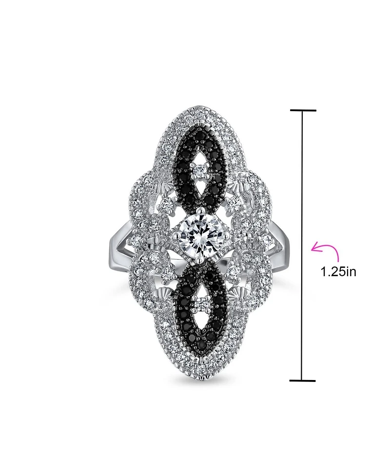 Bling Jewelry Art Deco Black White Cz Filigree Statement Full Finger Ring Silver Plated