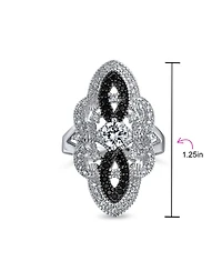 Bling Jewelry Art Deco Black White Cz Filigree Statement Full Finger Ring Silver Plated