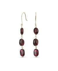 Bling Jewelry Long Linear Yellow 14K Gold Three Oval Natural Garnet Turquoise Tanzanite Dangling Earrings Fish Hook