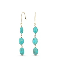 Bling Jewelry Long Linear Yellow 14K Gold Three Oval Natural Garnet Turquoise Tanzanite Dangling Earrings Fish Hook