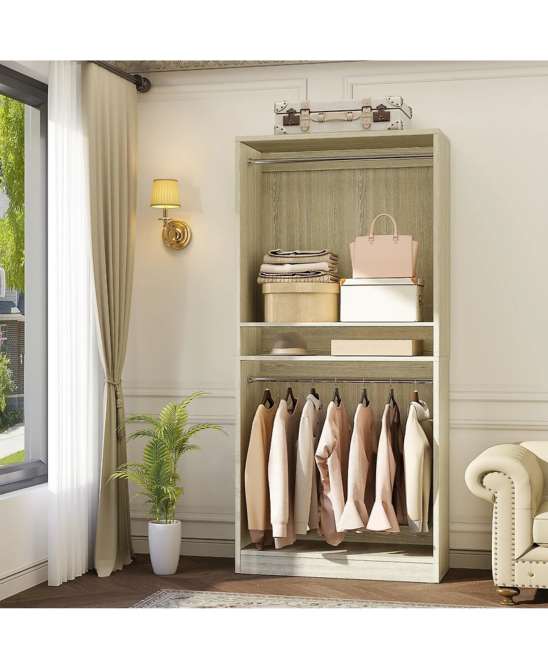 Aheaplus 36" Wooden Closet Organizer with Adjustable Shelves, Freestanding Wardrobe Hanging Rails