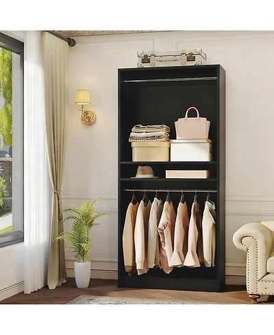 Aheaplus 36" Wooden Closet Organizer with Adjustable Shelves, Freestanding Wardrobe Hanging Rails