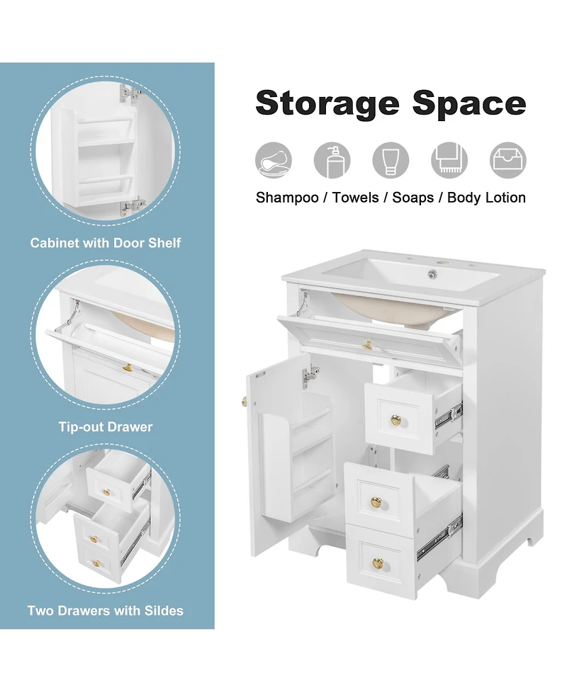Cesicia 24 in. Bathroom Vanity with Sink, 3 Drawers & Cabinet with 2-Tier Door Storage Rack, Soft-Close Door & Drawers for Small to Medium Bathrooms