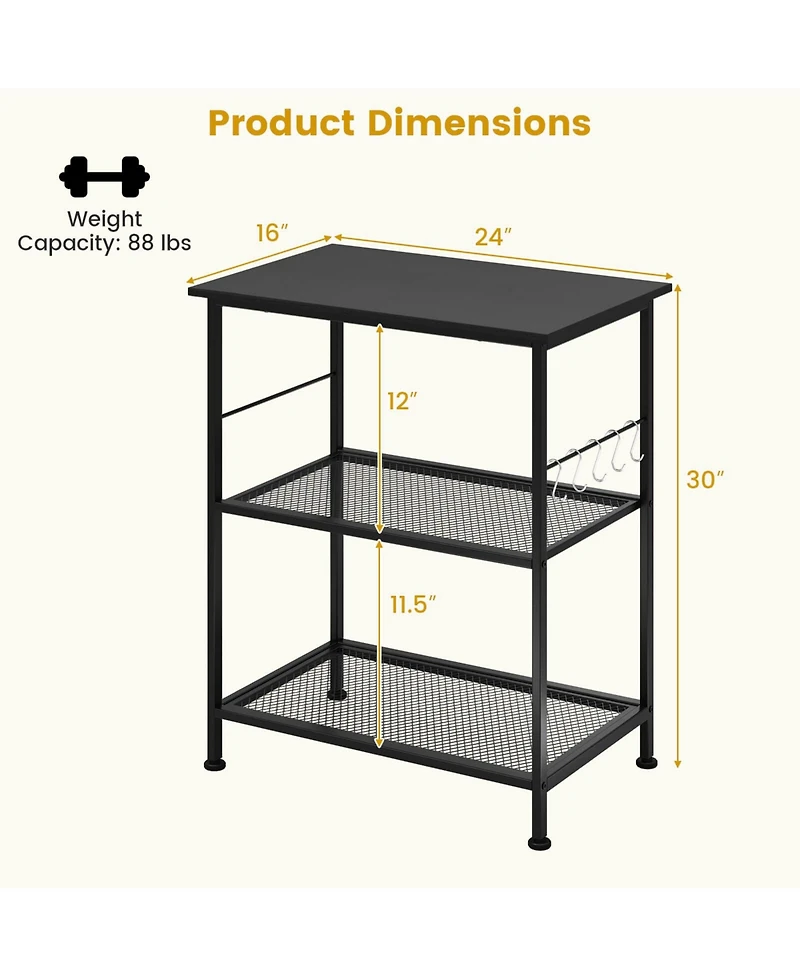 Costway 3-Tier Kitchen Serving Cart Utility Standing Microwave Rack with Hooks Rustic
