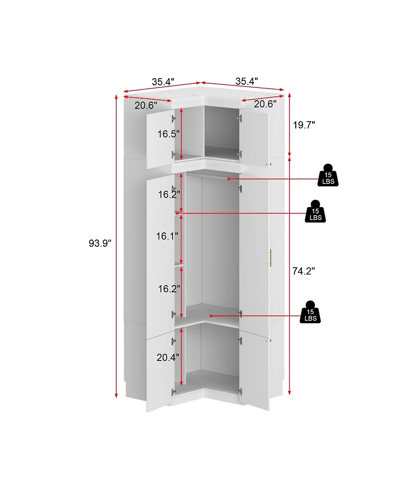 Famapy White Wood 6-Door Corner Wardrobe Armoires with Storage Shelves