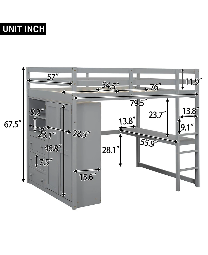 Boyel Living Wood Full Loft Bed with Built-in Wardrobe, Desk, Storage Shelves and Drawers