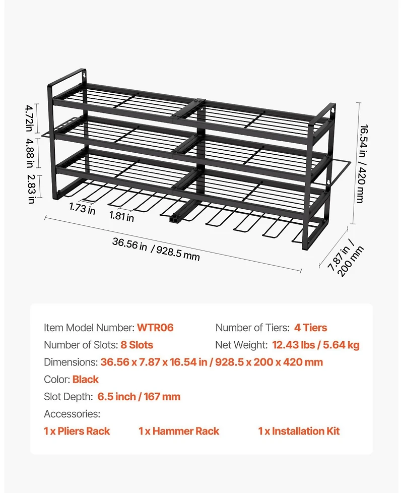 Mecale Wall-Mount Tool Organizer, 4-Tier Rack with 8 Drill Holders & Screwdriver Slots.