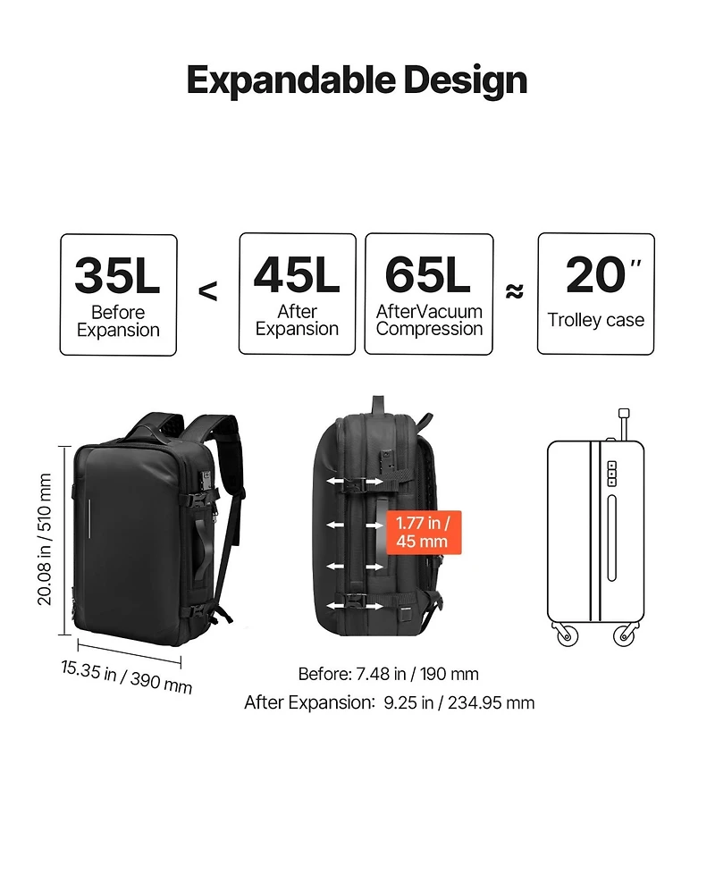 Mecale 65L Expandable Vacuum Seal Compression Travel Backpack with Pump, Tsa-Approved Lock, Water-Resistant Carry-On Luggage, Black