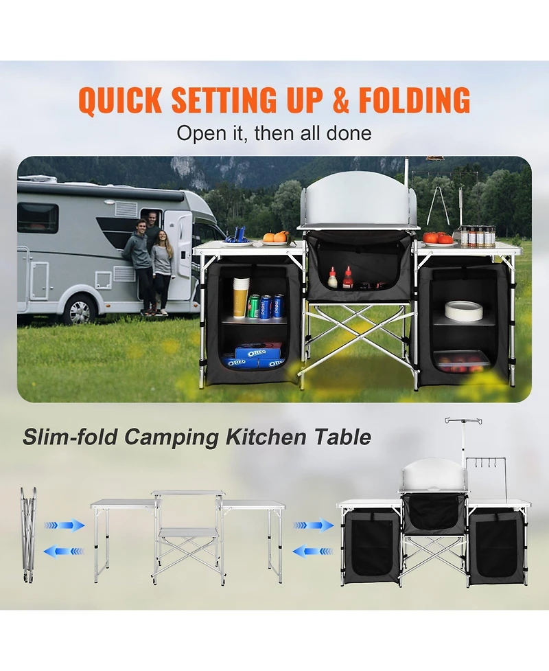 Mecale Camping Kitchen Table, Folding Outdoor Cook Station with 3 Cupboards & Windscreen, Carry Bag, Black