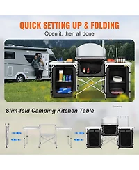 Mecale Camping Kitchen Table, Folding Outdoor Cook Station with 3 Cupboards & Windscreen, Carry Bag, Black
