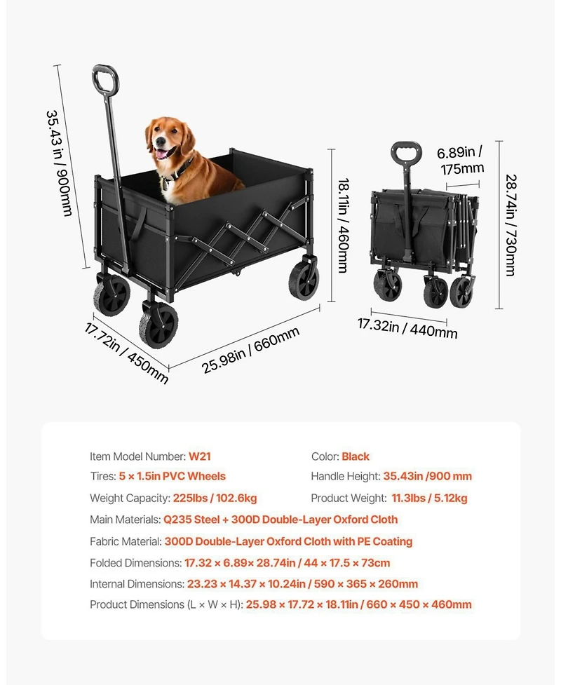 Mecale Collapsible Folding Wagon Cart, 120L Capacity, 225 lb Load, All-Terrain Wheels, Adjustable Handle, Outdoor Utility Cart, Black