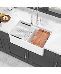 flynama huluwat 33x20x10inch White Farmhouse Sink Ceramic Porcelain Double Bowl Workstation Kitchen