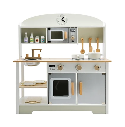 Bruce & Shark Wooden Kids Play Kitchen Set with Microwave, Sink & Storage, Gift for Boys and Girls