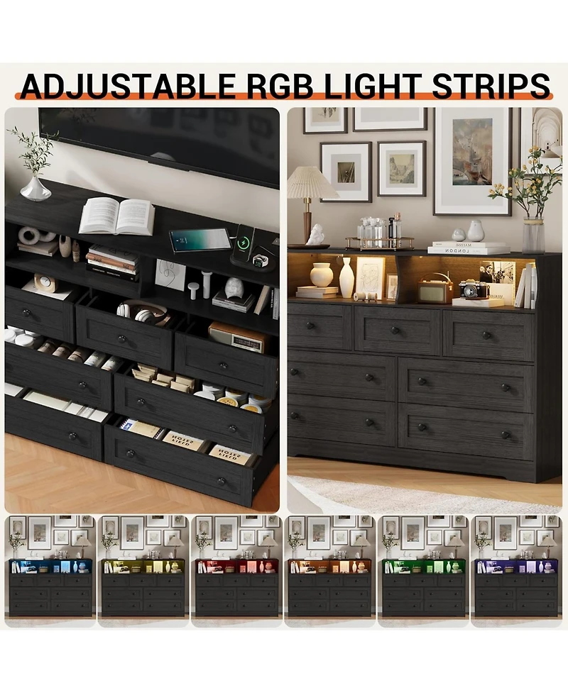 gaomon 7 Drawer Dresser for Bedroom with Led Lights, Wooden Chest of Drawers with 2 Open Compartments and Charging Station