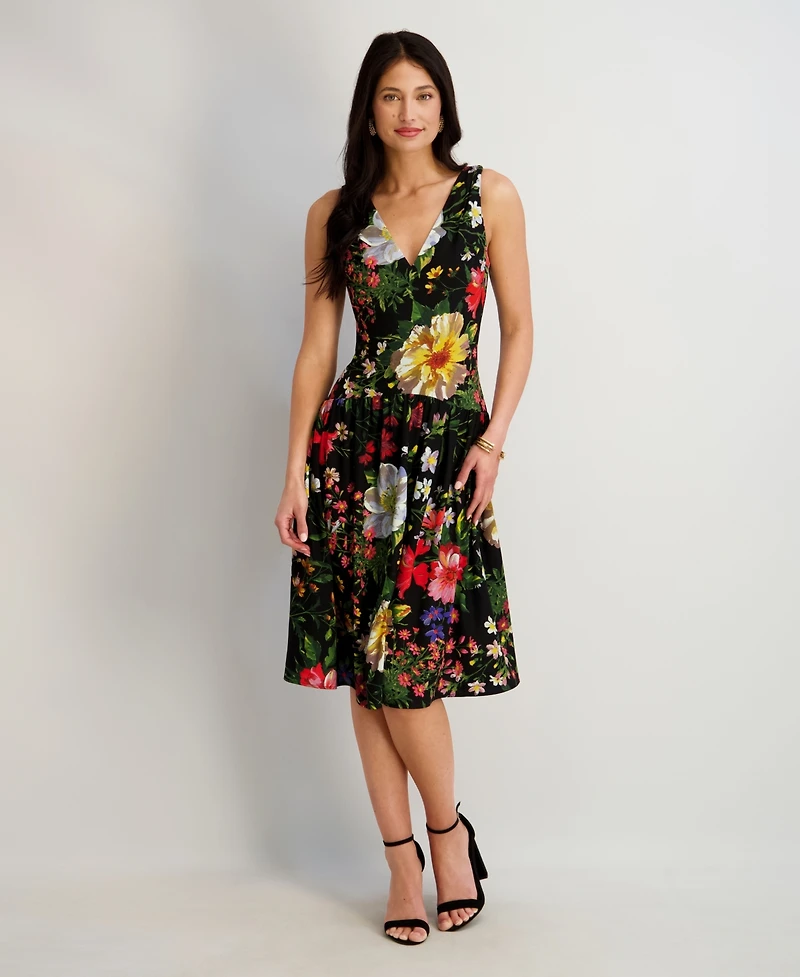 kensie Women's Printed V-Neck Midi Dress