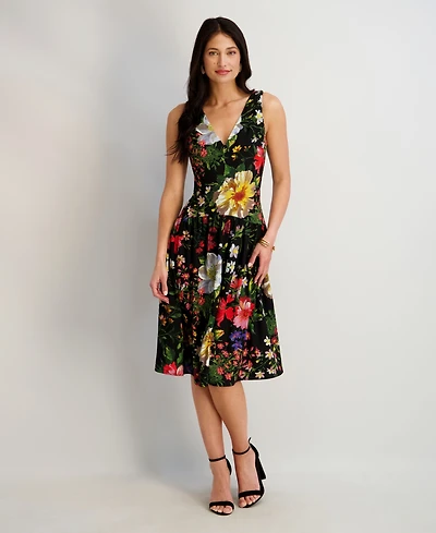 kensie Women's Printed V-Neck Midi Dress