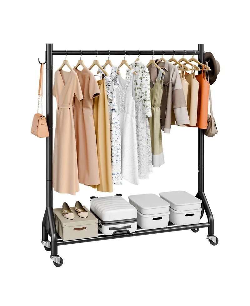 Ecooso Rolling Clothes Rack with Hanging Rod & Side Hooks, 198 lb Capacity, Heavy-Duty Carbon Steel Garment Rack with Wheels