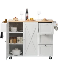 Volenca Kitchen Island Cart with Solid Wood Top, 45.3" Wide, Storage Cabinet, Drop Leaf, Drawer, Spice Rack, Towel Rack, Rolling, White