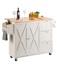 Volenca Kitchen Island Cart with Solid Wood Top, 45.3" Wide, Storage Cabinet, Drop Leaf, Drawer, Spice Rack, Towel Rack, Rolling, White