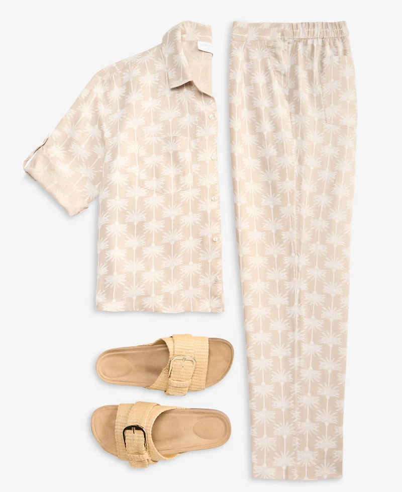 Charter Club Women's 100% Linen Print Roll-Tab Camp Shirt, Created for Macy's