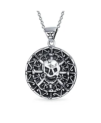 Bling Jewelry Coin Medallion Pirates Skull Pendant Necklace Oxidized Sterling Silver