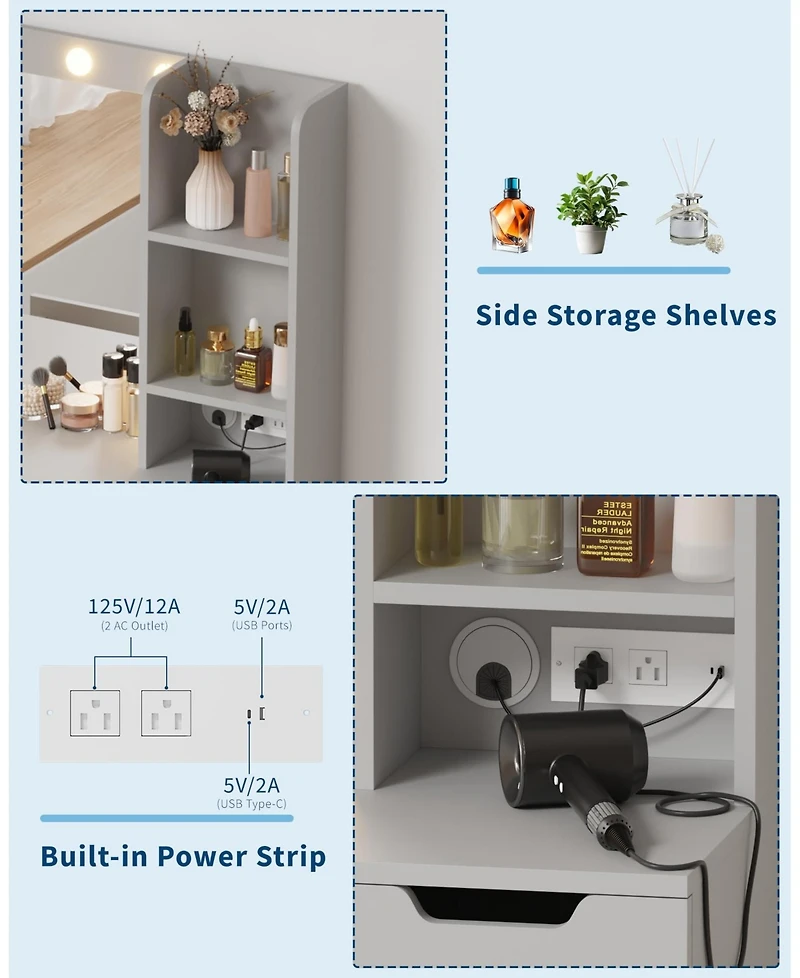gaomon Kids Vanity Desk, Lighted Mirror with Lights 3 Color Modes, Tri Fold 180° Folding Touch Control