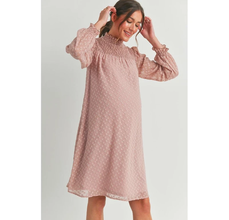 Hello Miz Maternity Smocked Neck Long Sleeve Textured Dot Dress