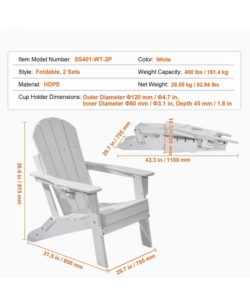 Mecale Set of 2 Plastic Adirondack Chairs, All-Weather Folding Patio Chairs with Cup Holder, Ergonomic Armrests
