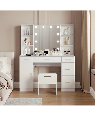 gaomon Farmhouse Vanity Set with Lighted Mirror,56 Inch Modern Makeup Vanity with Charging Station&Storage Shelves